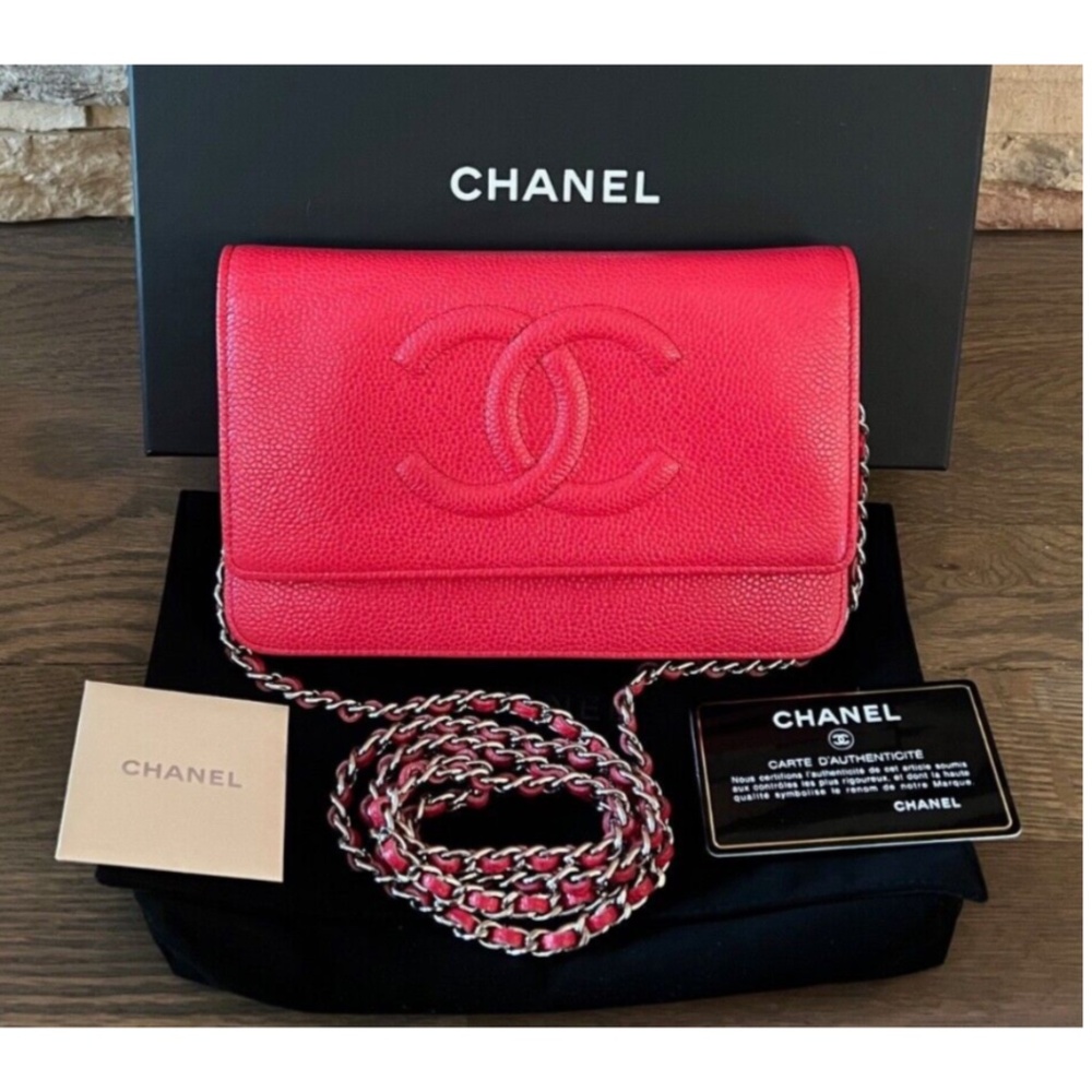 Chanel Timeless Red Caviar Leather Wallet on a Chain WOC